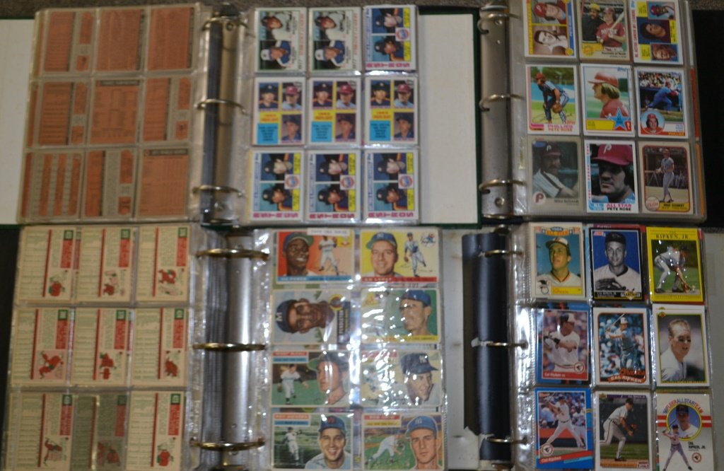 Four Binders Of Various Baseball Cards: including Orioles w/ Cal Ripken Jr, Phillies w/ Pete Rose and Mike Schmidt, Nolan Ryan, 1972 Topps, Mixed 1960's cards, coins