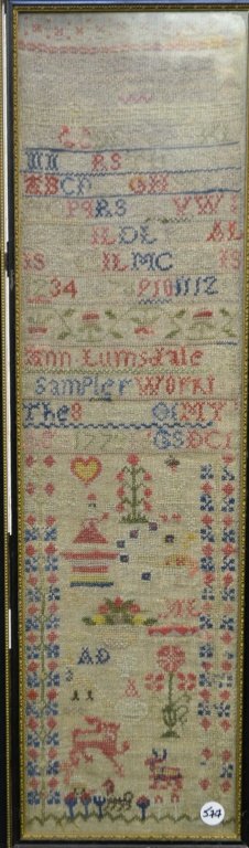 19th C English Sampler: English Sampler 1779 by Ann Lunsdale 6.50"w x 24.75"h