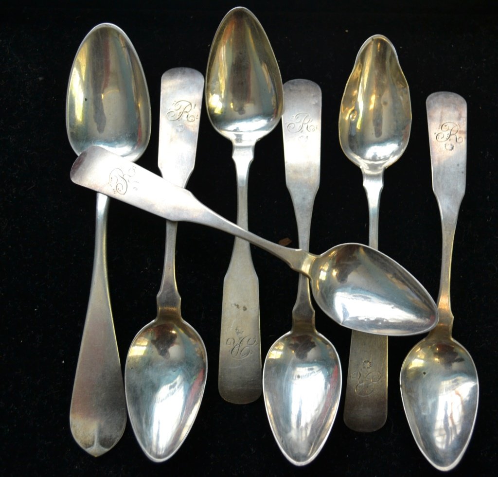 Set of six coin silver spoon marked E. Wyer: Set of six coin silver spoon marked E. Wyer Portland, ME 1786 - 1848, two Palmer & Bachelders coin silver spoons. *Note* Due to fraudulent transactions Keystone Auctions may require cash, money-order 