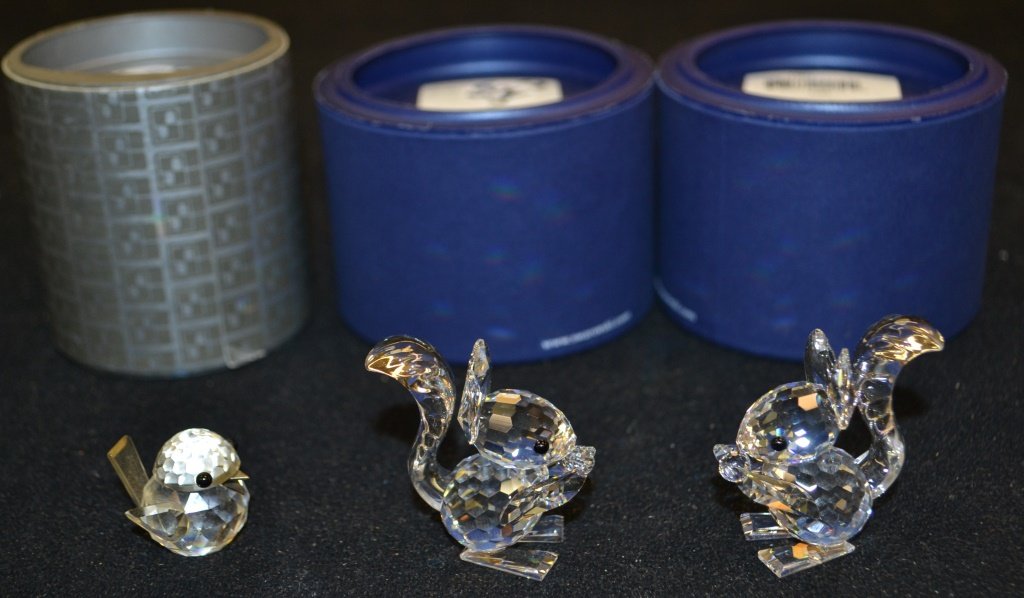 Three Swarovski Silver Crystal Figurines: Three Swarovski Silver Crystal figures, including; 2 squirrel figures, 1 bird