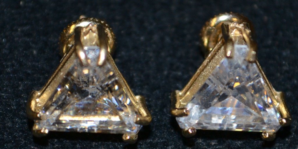 14K Gold Screwback Earrings with Crystal Accents: 14K Gold Screwback earrings with Crystal accents, gold has been tested (at 14K, although it is not marked) each triangular crystal measures appx 10mm on the side, both earrings measure 3.3DWT. *Note*