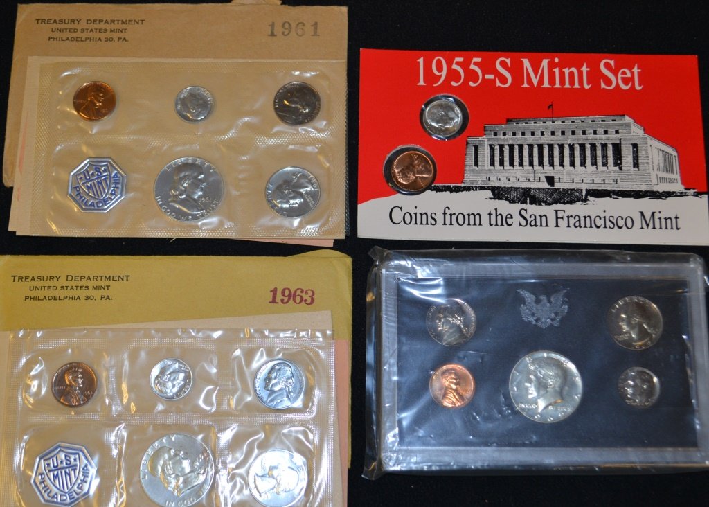 Proof & Mint Sets: Proof & Mint Sets including 1961, 1963, 1969-S,1955-S, Dime and Penny. *Note* Due to fraudulent transactions Keystone Auctions may require cash, money-order or wire transfers for gold, silver and coin