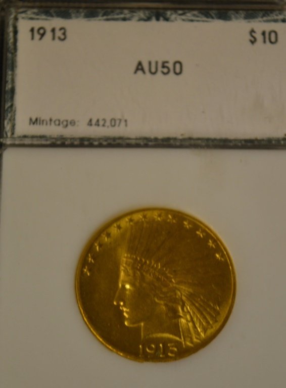 1913 $10 Dollar Indian Head Eagle AU 50: 1913 $10 Dollar Indian Head Eagle AU 50 graded by PCI. *Note* Due to fraudulent transactions Keystone Auctions may require cash, money-order or wire transfers for gold, silver and coins purchases.