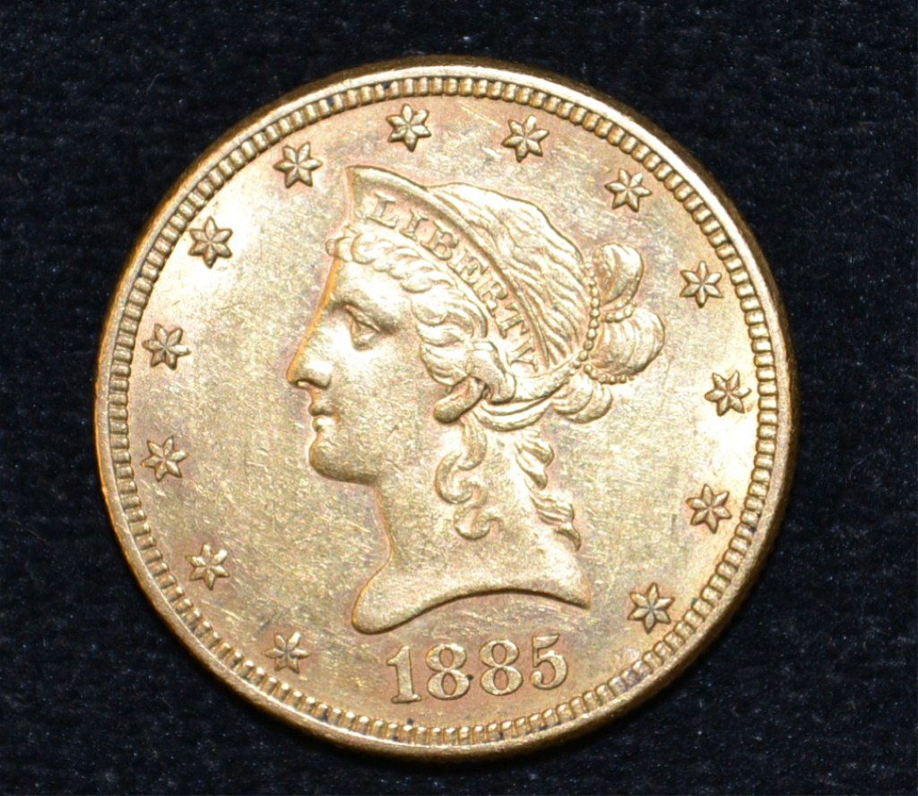 1885 $10 Liberty Head Eagle Gold Coin: One 1885 $10 Liberty Head Eagle Coin. High Quality Coin. *Note* Due to fraudulent transactions Keystone Auctions may require cash, money-order or wire transfers for gold, silver and coins purchases.