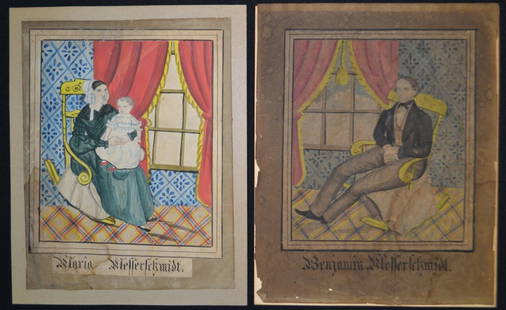 Two 19th C PA Dutch Folk Art Water Colors: Two 19th C PA Dutch folk art water colors of Gloria and Benjamin Heller Schmidt, each subject measures approx. 6.50" x 7"