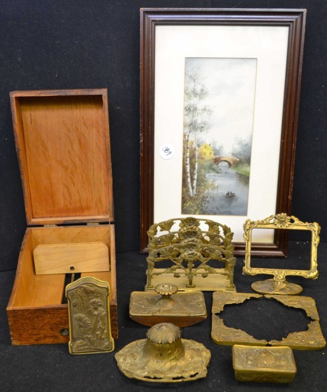 1920's Bronze Desk Set: 1920's Bronze desk set including; 3 compartment envelope holder, calendar stand, Bronze paper clip, ink well, sander, small box, and blotter corner, lot also comes w/ a golden oak file box
