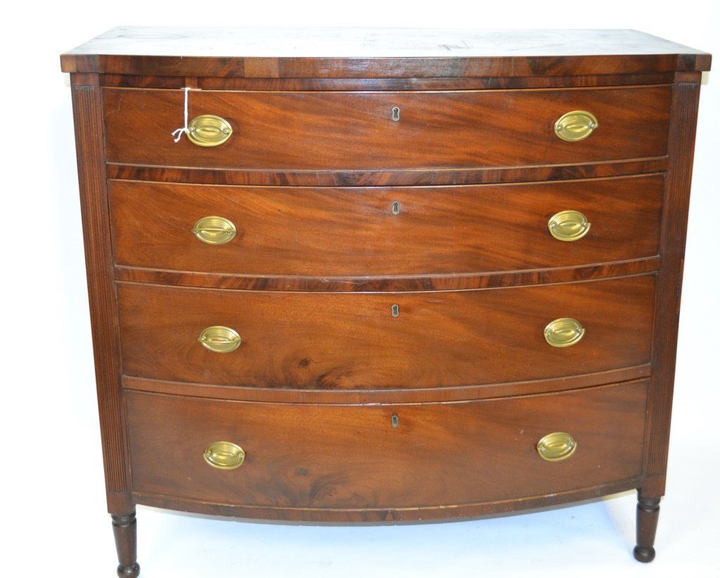 1820 Philadelphia Mahogany Sheraton BowFront Chest: Philadelphia Mahogany Sheraton Bow Front chest c.1820 measures 38.50"x 41.25"x 23"
