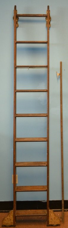 Library Ladder, Late 19th /Early 20th C. w/ Brass: Library Ladder, late 19th /early 20th C. w/ Brass mounts, standing 100"h