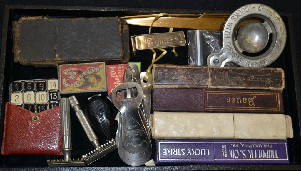 Early Advertising and Barber Implements: Early advertising and barber implements including; straight razors, sharpening stone, and more; advertising includes shoe horns " New Yorker", Cuban 5c cigars implement and egg yoke separator