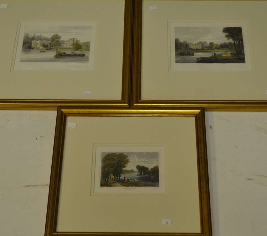 Three Early 19thC Hand Colored Engravings: Three 19thC hand colored engravings; two drawn by S. Owen Esq, engraving by W. Cooke, first titled "Brandenburgh House, Margravine of Anspach", second titled "Lady Sullivan's Villa", published 1809 by