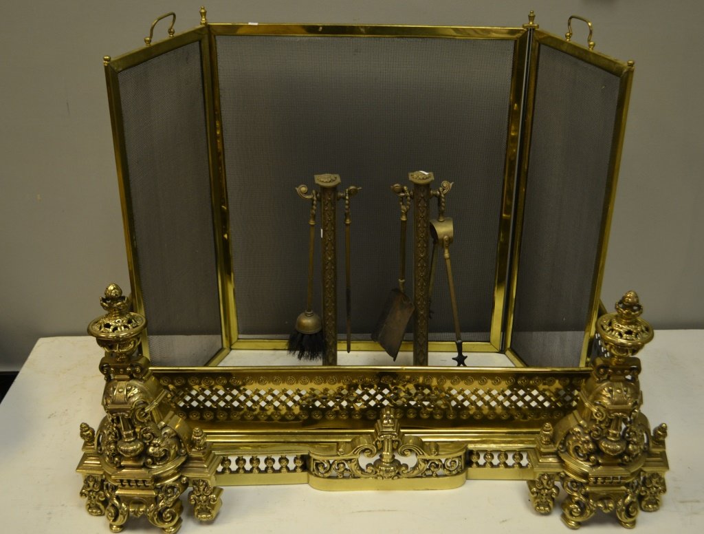 Fireplace Accents (late 19th/early 20thC): Late 19th/early 20thC Brass Fireplace accents; straight fender piece slides into upright accents which measure 18"H, fender and uprights measure 38"W overall, also includes two similar period fireplac