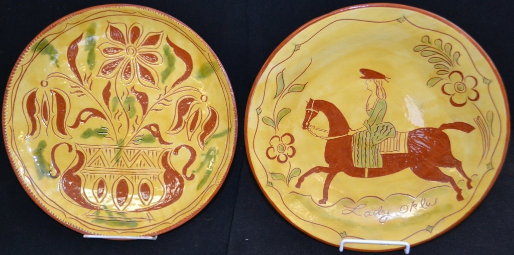 Two Slip Decorated Redware: Two Slip Decorated Redware Including two chargers measuring 12"D by D. Carter, Gettysburg Pa - one dated 1976 other not dated.