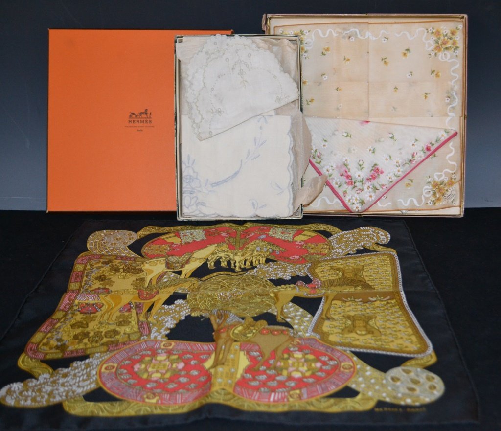 Hermes Scarf & Others: Hermes scarf - French silk, made in France, in original box - also includes handkerchiefs