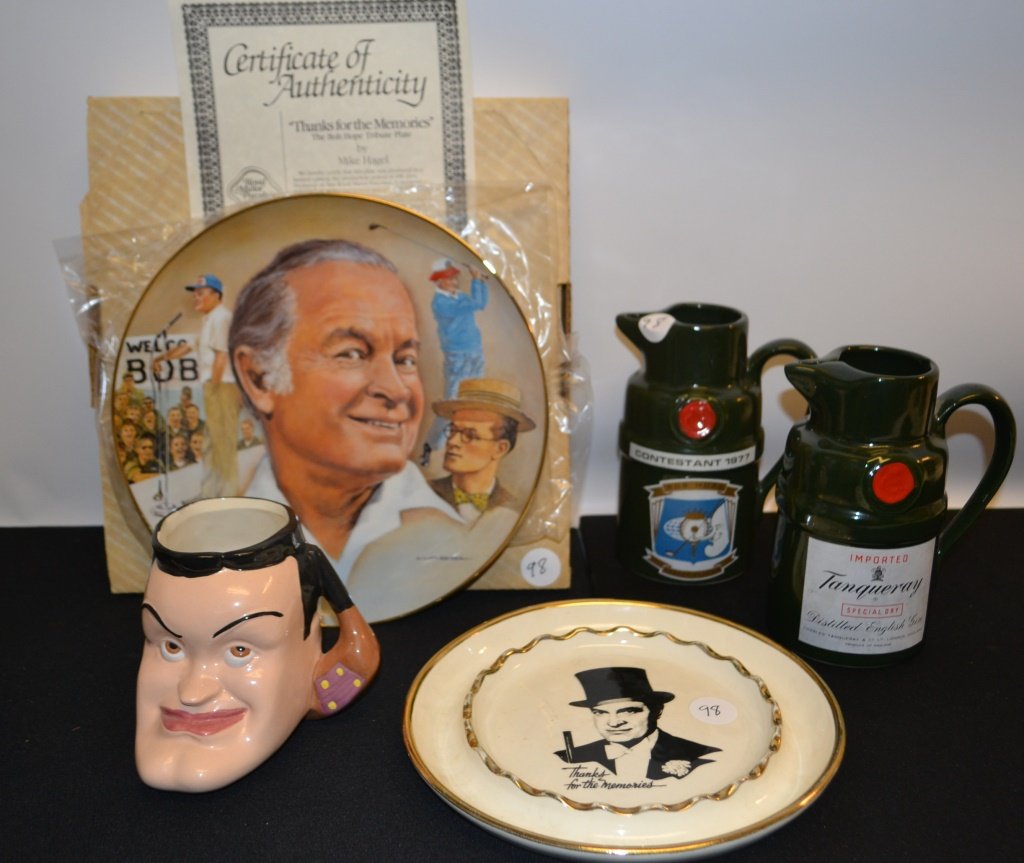 Grouping Of Bob Hope Collectibles: Grouping of Bob Hope collectibles including: two plates that both have his face on them , 1 has a certificate of authenticity, the other inscribed "Thanks for the memories", 1 mug that is of Hopes fac