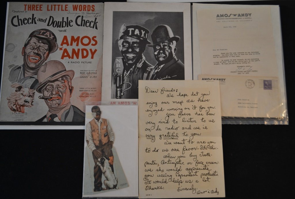 Grouping Of Amos & Andy Epherema: Grouping Of Amos and Andy Epherema including: "Amos's Wedding", (radio script), 1931 "Check and Double Check w/ Amos and Andy sheet music, Amos and Andy Hollywood Correspondence, and Amos and Andy car