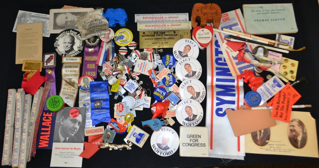 Collection Of Political Pins & Pin Backs: Collection Of Political pins & Pin Backs including: Eisenhower, Lapel pins, match books, Spector, Senator Waffrle, along w/ some congress men and Presidential hopeful items, etc