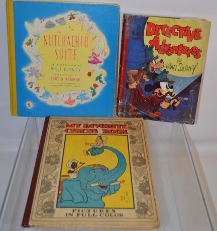 Disney Books and More: Three books including; "Detective Adventures" by Walt Disney printed by Juvenile Productions LTD of England, "The Nutcracker Suite" with six special arrangements for piano, as well as "My Favorite Cir