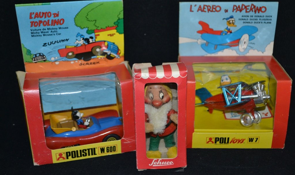 Grouping Of Early Continental Disney Items: Grouping Of Early Continental Disney Items including: 2 Walt Disney productions Polistil toys, in original boxes, Schuco Bashful dwarf, mesures 4"h,