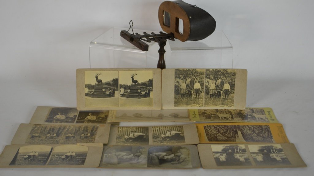 Stereo Viewer with Telescoping Picture Stand: Stereo viewer with telescoping picture stand; photographs of landscapes, animals, etc