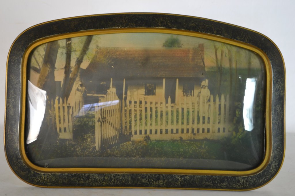 Early Exterior Photo of Farmhouse with 2 Women: Early exterior photo of farm house with 2 women in an odd shaped frame with convex glass; made by Chicago Portrait Company, original price of frame was $5.50 (printed on back); frame measuring 14 in H