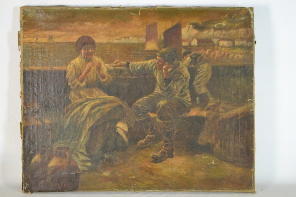 Oil on Canvas of Woman and Man no Frame: Oil on canvas of woman and man talking, signed in lower left, no frame