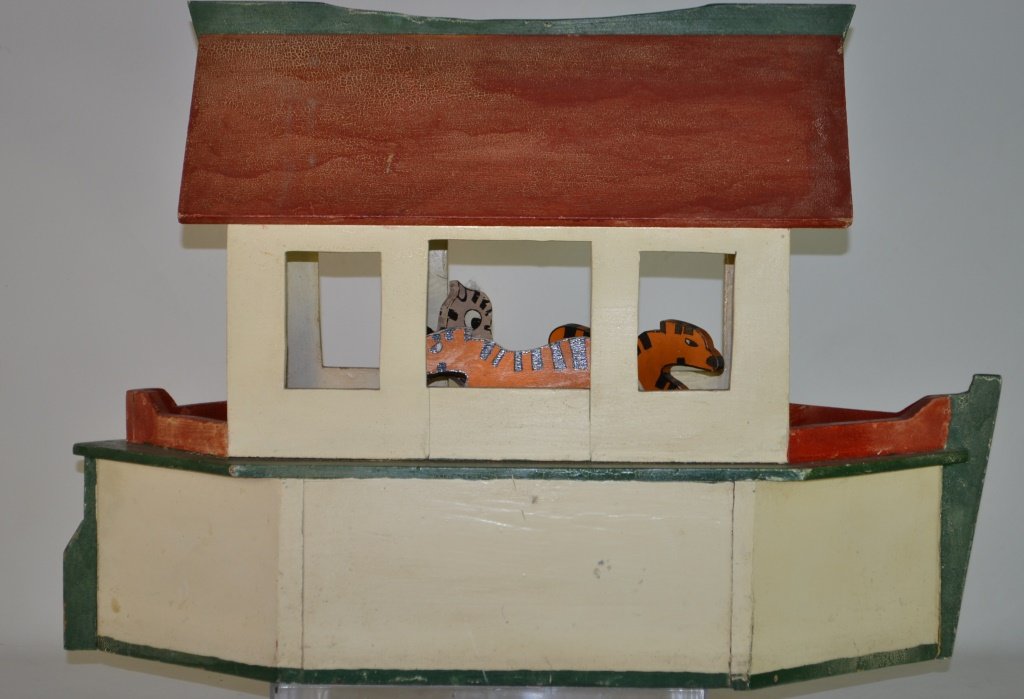 Folk Art Wooden Noah's Ark: Folk art wooden Noah's Ark with wooden animals stored inside; measuring 21 in H x 28.75 in W x 13 in D
