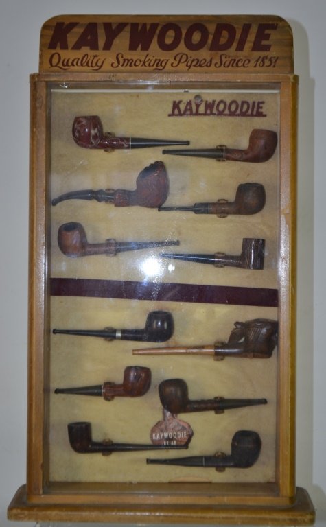 20th Century Kaywoodie Pipe Display: 20th century Kaywoodie pipe display, includes 12 pipes; marked "Quality Smoking Pipes Since 1851"