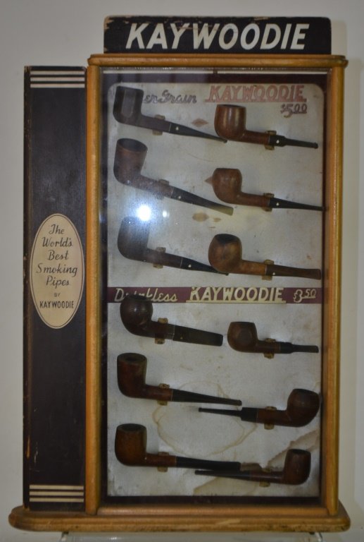 1930s Kaywoodie Pipe Display: 1930s Kaywoodie pipe display, includes 12 pipes, marked "The World's Best Smoking Pipes by Kaywoodie"
