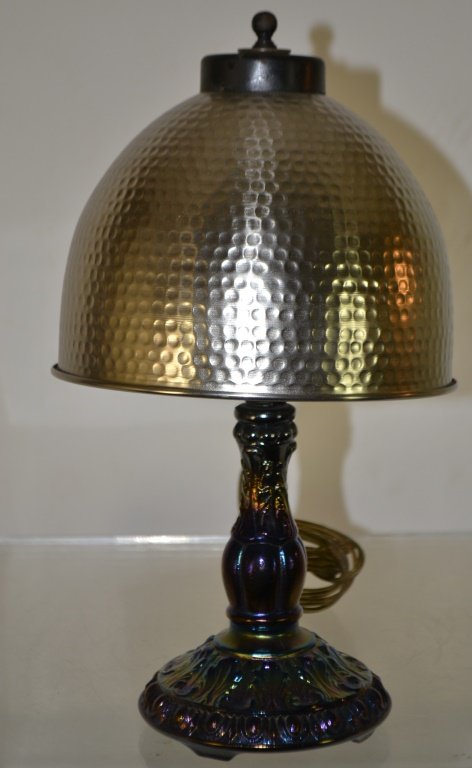Carnival Glass Lamp w/ Hammered Metal Shade: Carnival Glass Lamp w/ Hammered Metal Shade measures 14"h
