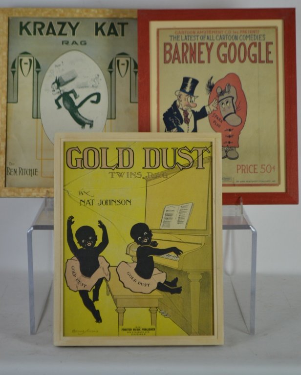 Three Vintage Sheet Music: Including: Krazy Kat Rag, Barney Google, and Gold Dust Twins Rag, (behind glass, glass is broken) each measuring appr. 12 x 17