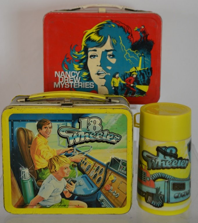 Two 1970s TV Lunch Boxes: "18 Wheeler" and Nancy Drew Mysteries, Nancy Drew launch box by Thermos and the other by Aladdin