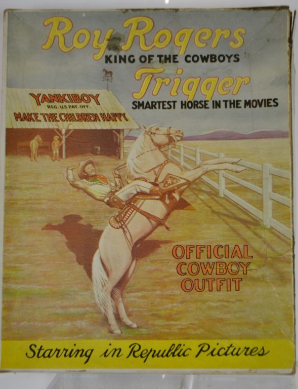 Roy Rogers Outfit and Lone Ranger Holster: size 12 Roy Rogers official cowboy outfit and the lone ranger gun and holster set (holster only)also w/ Roy Rogers & Trigger hand painted ceramic plaque