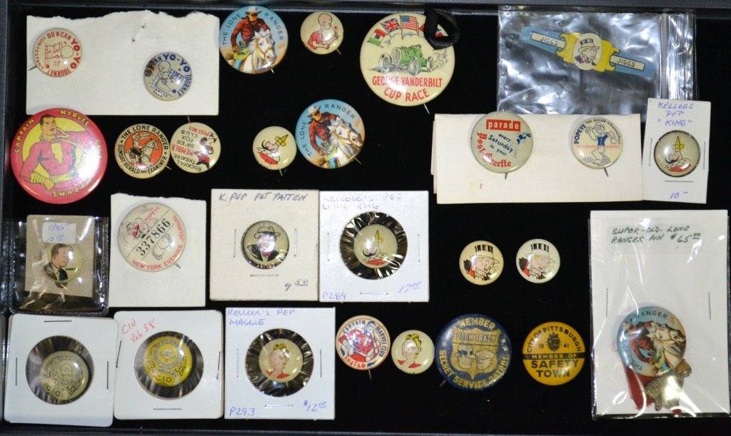 20+ PEP Pins & Other Pin Backs: Approx. 28 PEP Pins & Other Pin Backs including: Maggie, Little Kings, Patten, Popeye, Lone Ranger, and Others