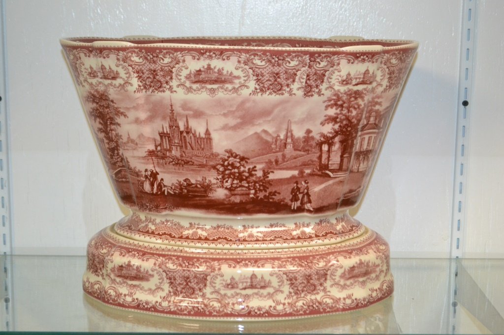 Contemporary English Ironstone, Red Transfer: Contemporary English Ironstone, Red Transfer Centerpiece, unknown maker 11.50"h x 16" x 11.50"d