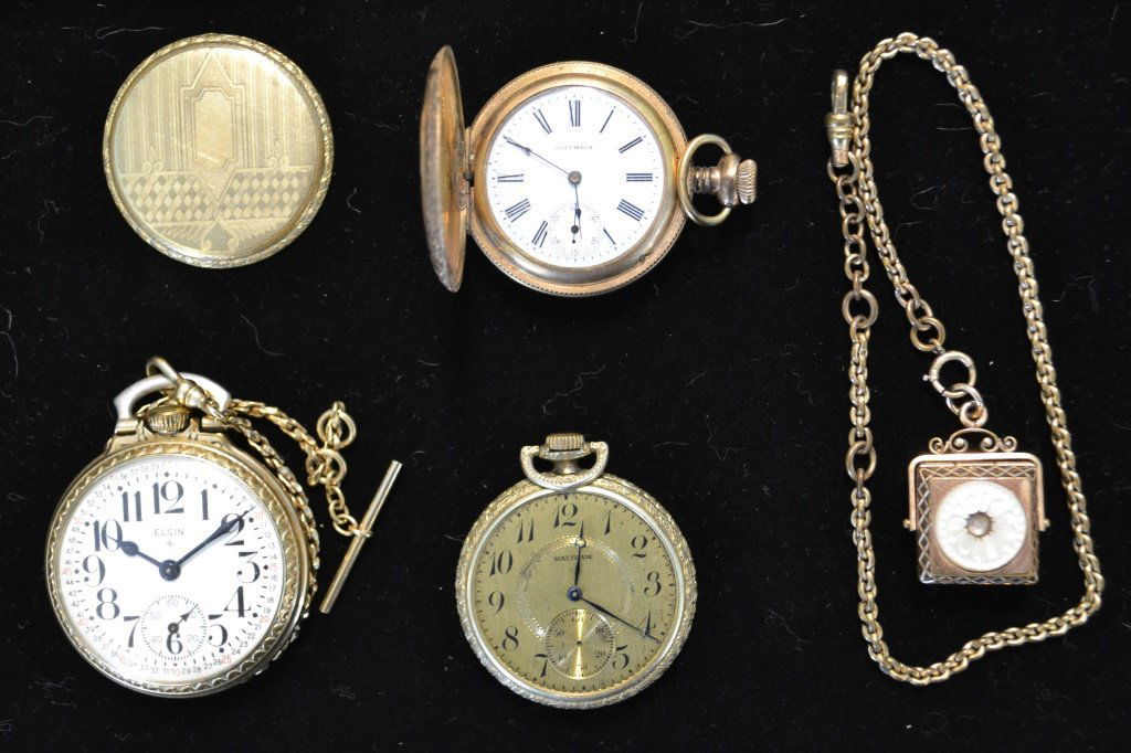 Collection of Gold Filled Pocket Watches and Fabs: Collection of gold filled pocket watches and fabs including a Waltham open-face pocket watch with movement number 24958091 (not running, missing crystal); Columbia pocket watch movement number 6185558