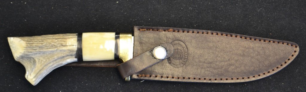 Damascus Hunting Knife By John Angel Stag Handle: Damascus Hunting Knife By John Angel Stag Handle; totally handmade custom piece by John Angel (Sweden) using 1095 Damascus steel and 15N20 forge welded high carbon for a sharp edge; Rockwell hardness 