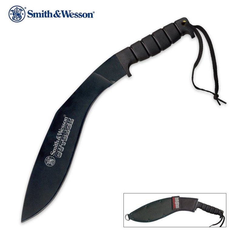 Smith and Wesson Outback Kukri: Smith and Wesson Outback Kukri with 440C powder coated stainless steel full-tang blade, rubberized, slip-free handle, lanyard hole; comes with box and nylon sheath