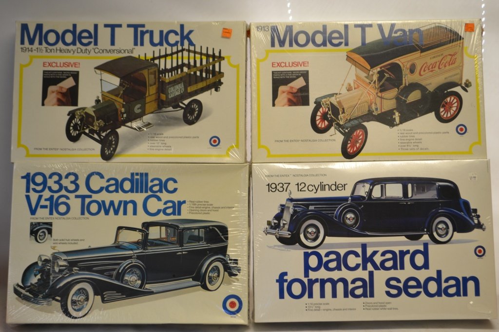 Four 1/16 Scale Unassembled Model Cars In OB: Four 1/16 Scale Unassembled Model Cars In OB including: Entex 1937 Packard Formal Sedan, #9002, Entex 1913 Model T Van, # 8497, Entex 1933 Cadillac V-16 Town Car, #9029, Entex 1914 1 1/2 Model T Truck