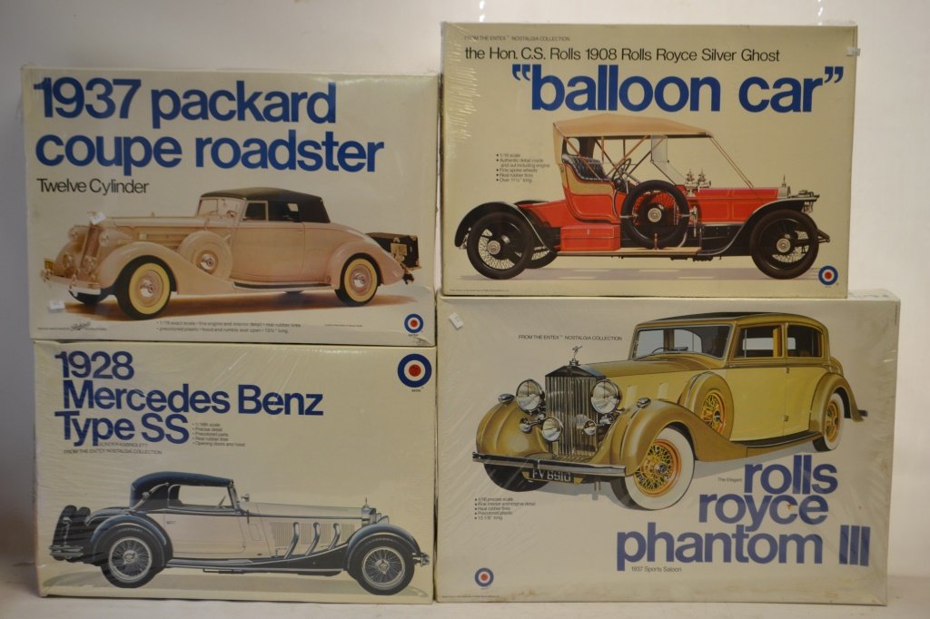 Four 1/16 Scale Unassembled Model Cars In OB: Four 1/16 Scale Unassembled Model Cars In OB including: Entex Rolls Royce Phantom III #9000, Entex 1937 Packard Coupe Roadster # 8499, Entex 1928 Mercedes Benz #9031, Entex 1908 Balloon Car #9001
