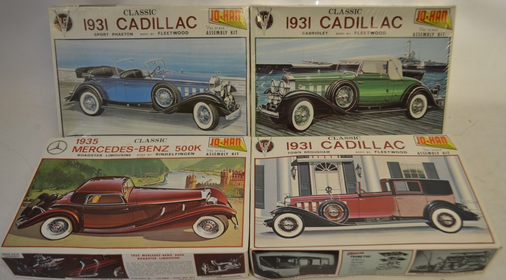 Four Jo- Han 1/25 Scale Unassembled Model Cars: Four Jo- Han 1/25 Scale Unassembled Model Cars in OB including: 1935 Mercedes Benz 500K Roadster Limousine, 1931 Cadillac Cabriolet, 1931 Cadillac Sport Cabriolet, 1931 Cadillac Town Brougham