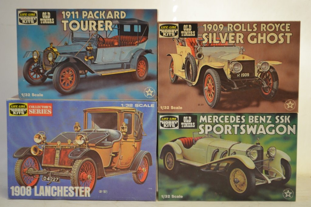 Four 1/32 Life Like Hobby Kits Unassembled Models: Four 1/32 Life Like Hobby Kits Unassembled Models including: 1908 Lanchester, 1909 Rolls Royce Silver Ghost, 1911 Packard Tourer, Mercedes Benz SSK Sportswagon