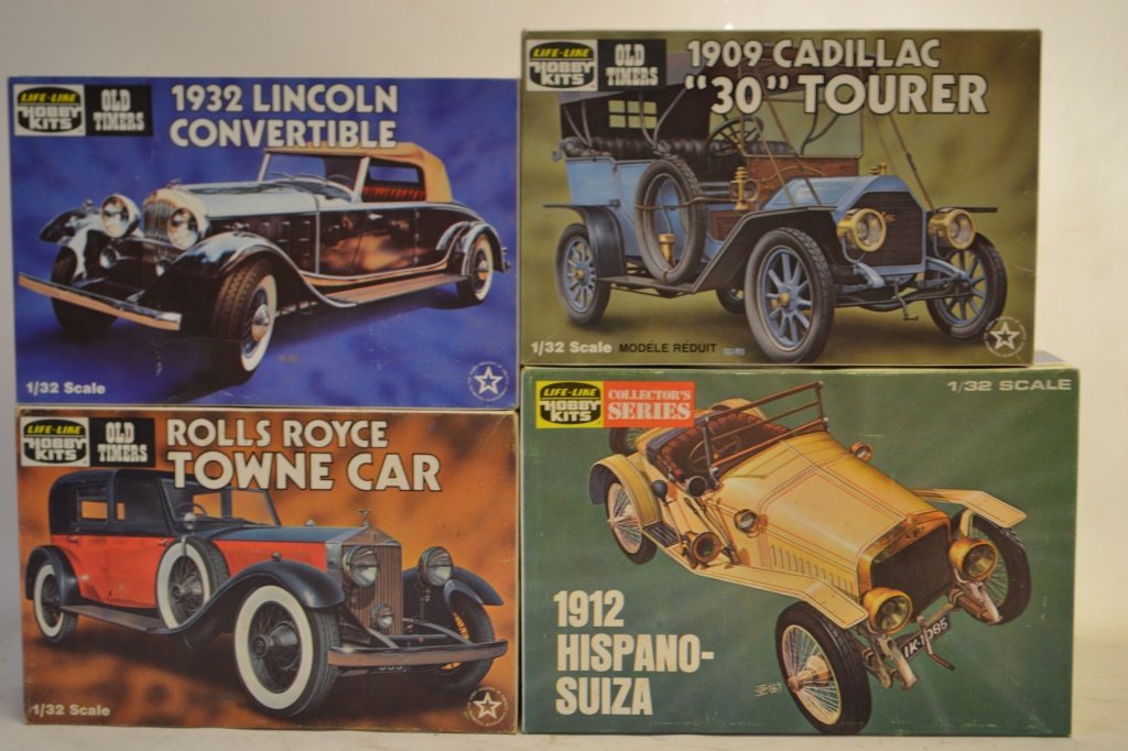 Four 1/32 Life Like Hobby Kits Unassembled Models: Four 1/32 Life Like Hobby Kits Unassembled Models including: Rolls Royce Towne Car, 1912 Hispano - Suiza, 1909 Cadillac "30" Tourer, 1932 Lincoln Convertible