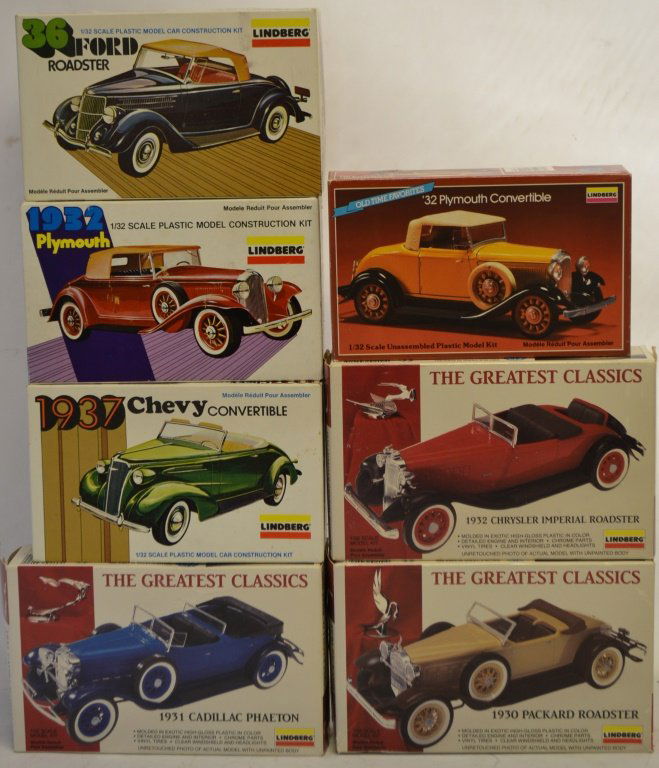 Seven Lindberg Unassembled 1/32 Model Kits in OB: Seven Lindberg Unassembled 1/32 Model Kits in OB including: 1932 Plymouth, 1932 Plymouth Convertible, 1930 Packard Roadster, 1937 Chevy Convertible, 1931 Cadillac Phaeton, 1932 Chrysler Imperial Roads