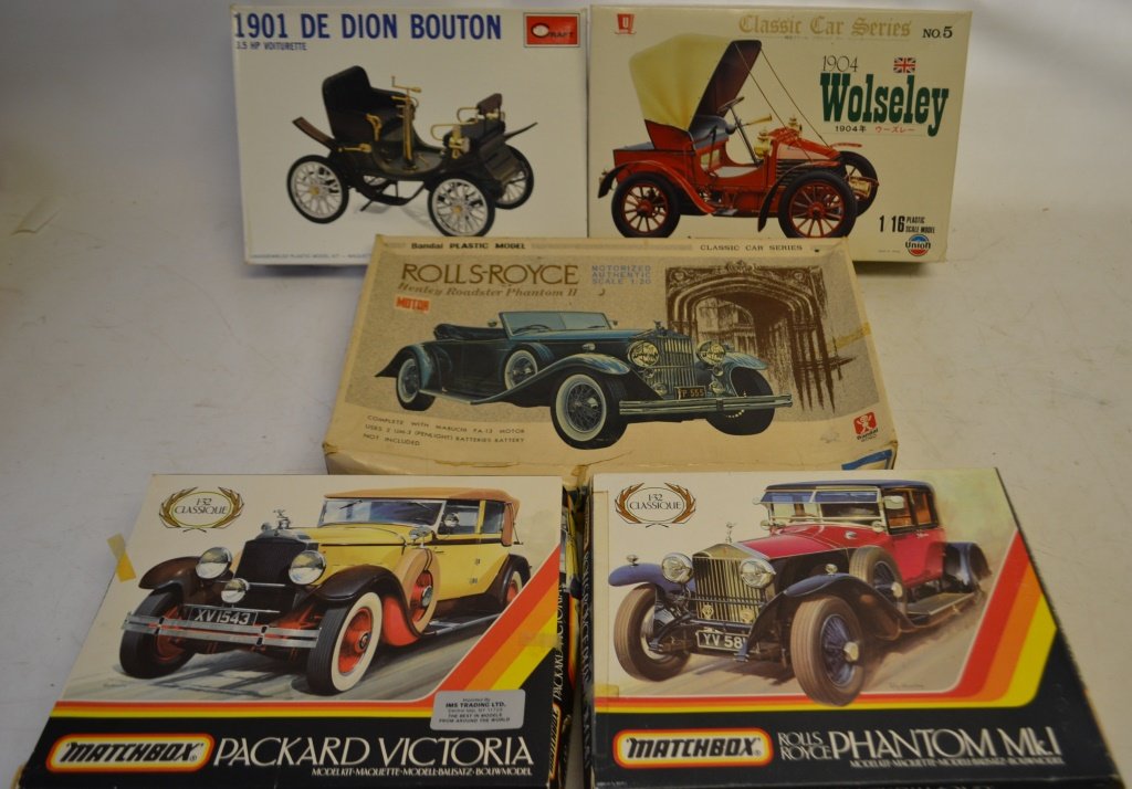 5 Assorted Unassembled Model Kits NIB: 5 Assorted Unassembled Model Kits NIB including: Matchbox Rolls Royce Phantom Mk.1, Matchbox Packard Victoria, Minicraft 1901 De Dion- Bouton, 1904 Wosley (1/16), Rolls Royce Henley Roadster Phantom I