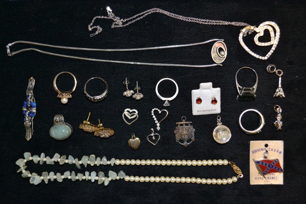 Grouping Of Sterling Silver Jewelry: Grouping Of Sterling Silver Jewelry including: SS Modernist Pearl w/ Copper and Bronze Pendant, Deco Green ring, SS Jade Pendant , Lia Sophia Ring, Marcasite Bracelet, Etc.