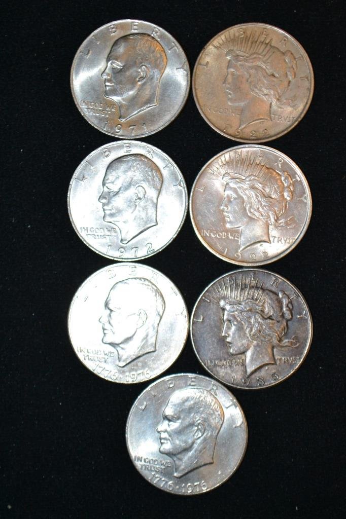 Three Peace Dollars & Four Eisenhower Dollars: Three Peace Dollars & Four Eisenhower Dollars (3) Peace dollars including: (2) 1922, 1935, Eisenhower Include: (2) Bicentennial and a 1971, 1972