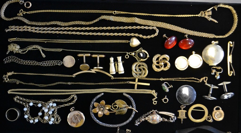 Collection of Gold Filled Jewelry: Collection of Gold Filled Jewelry including: Lockets, chains, necklaces, copper and silver bracelet, etc