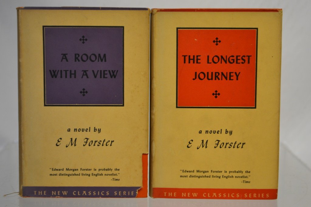 A Room With A View by E. M. Forster, 1922, 1st Ed.: A Room With A View by E. M. Forster, 1922, 1st Ed. Hardcover, sewing binding with color dust cover. Small tear on front of dust cover. Spine is sun faded. Includes The Longest Journey, 1922, wih color