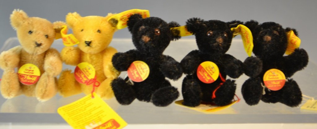Grouping of Five 3" Steiff Teddy Bears: Grouping of Five 3" Steiff Teddy Bears including: (3) Black original teddy bears, (1) Honey Original Teddy Bear, and (1) Yellow. All jointed