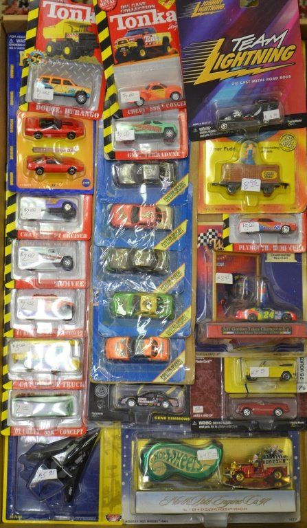 20 Tonka, Johnny Lighting, Hot Wheels Die cast Car: Approx. 20 New Old Stock Most in Original Card Back Bubble Displays Hot Wheels, Tonka, and others Die cast cars and others